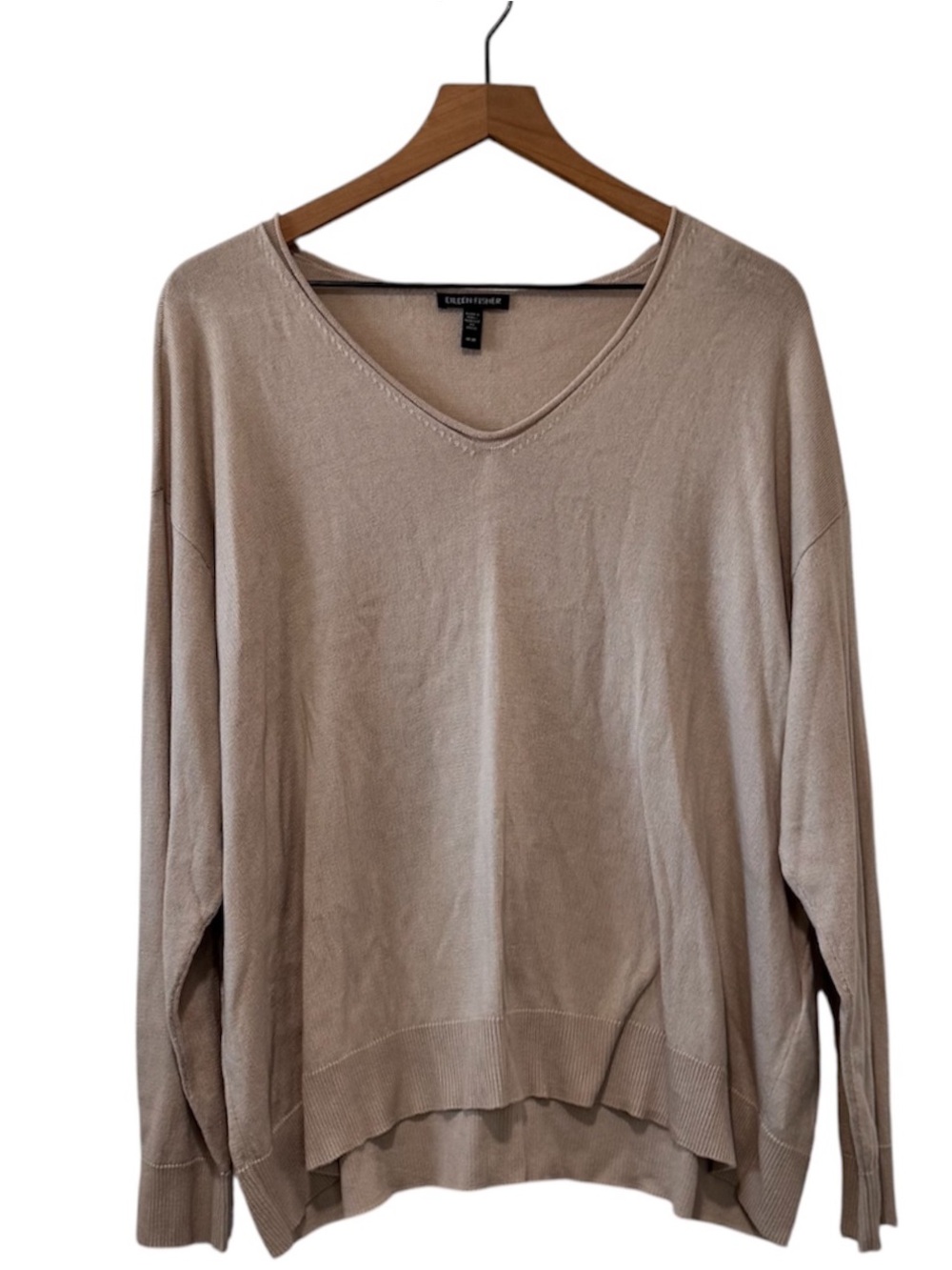 EILEEN FISHER Tan High Low Organic Cotton Tencel V Neck Sweater